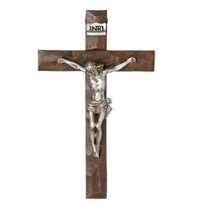CRUCIFIX BROWN RESIN WITH SILVER JESUS 7.5″